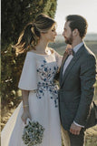 Elegant Ivory Wedding Dresses Bateau Embroidery Romantic Half Sleeve Bride Gown