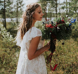 Elegant Lace Cap Sleeve V Back Ivory Beach Wedding Dresses Boho Wedding Gowns W1024 Rjerdress