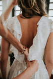 Elegant Lace Cap Sleeve V Back Ivory Beach Wedding Dresses Boho Wedding Gowns W1024 Rjerdress