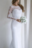 Elegant Lace Long Sleeves Mermaid Backless White Long Wedding Dress with Train Rjerdress