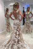 Elegant Lace Sheer Ivory V-Neck Appliques Sleeveless Mermaid Backless Wedding Dresses Rjerdress