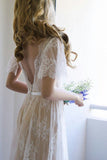 Elegant Lace V Neck Beach Wedding Dresses Short Sleeve Long Backless Wedding Gowns Rjerdress