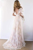 Elegant Lace V Neck Beach Wedding Dresses Short Sleeve Long Backless Wedding Gowns Rjerdress