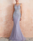 Elegant Lavender Mermaid Scoop Floor-Length Tulle Zipper Back Prom Dresses With Beaded