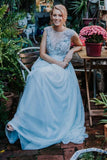 Elegant Light Blue Beads Round Neck Chiffon A-Line Cap Sleeve Prom Dresses UK RJS397 Rjerdress
