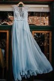 Elegant Light Blue Beads Round Neck Chiffon A-Line Cap Sleeve Prom Dresses UK RJS397 Rjerdress