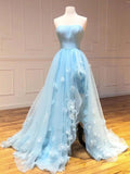 Elegant Light Blue Strapless High Low Long Prom Dresses With Slit, Formal Evening Dresses With Appliques Rjerdress