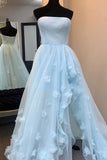 Elegant Light Blue Strapless High Low Long Prom Dresses With Slit, Formal Evening Dresses With Appliques Rjerdress