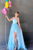 Elegant Light Blue Strapless High Low Long Prom Dresses With Slit, Formal Evening Dresses With Appliques