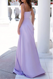 Elegant Lilac Spaghetti Straps Square Sleeveless A-Line Zipper Floor-Length Long Prom Dresses RJS34