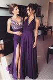 Elegant Long Simple Formal Dress For Women Purple A-Line V-Neck with Slit Prom Dresses RJS763 Rjerdress