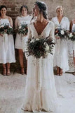 Elegant Long Sleeve Deep V Neck Lace Backless Wedding Dresses Long V Back Bride Gowns