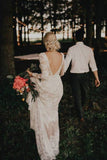 Elegant Long Sleeve Ivory Sheath Wedding Dresses Backless Lace Applique Country Wedding Dress Rjerdress
