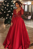 Elegant Long Sleeve Red Lace Beads Long Prom Dresses, A Line Satin Evening Dresses Rjerdress