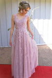 Elegant Long Sleeveless Lace Tulle Pink Sexy A-Line V-Neck Prom Dresses