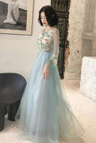Elegant Long Sleeves Appliqued Tulle Prom Dress, Floor Length Appliques Evening Dress Rjerdress