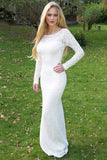 Elegant Long Sleeves Sheath Open Back Ivory Lace Long Wedding Dresses