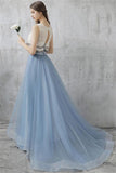 Elegant Long Two Piece Lace Sky Blue Prom Gowns Prom Dresses
