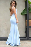 Elegant Mermaid Backless Blue Satin Sweetheart Slit Prom Dresses with Split Rjerdress