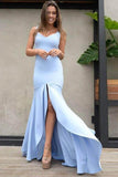 Elegant Mermaid Backless Blue Satin Sweetheart Slit Prom Dresses with Split