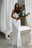 Elegant Mermaid Cowl Neckline White Simple Wedding Dresses, Spaghetti Straps Bride Dress Rjerdress