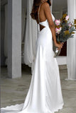 Elegant Mermaid Cowl Neckline White Simple Wedding Dresses, Spaghetti Straps Bride Dress Rjerdress