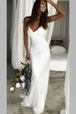 Elegant Mermaid Cowl Neckline White Simple Wedding Dresses, Spaghetti Straps Bride Dress