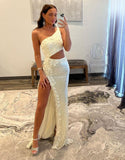 Elegant Mermaid Cut Out Oner Shoulder Sequins Split Prom Dress With Appliques Rjerdress