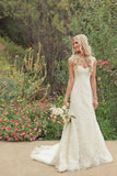 Elegant Mermaid Ivory Lace Appliques V Neck Long Beach Wedding Dresses RJS997