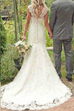 Elegant Mermaid Ivory Lace Appliques V Neck Long Beach Wedding Dresses RJS997 Rjerdress