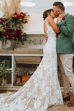 Elegant Mermaid Lace Appliques Straps V Neck Ivory Wedding Dresses, Beach Wedding Gowns RJS15515 Rjerdress