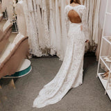 Elegant Mermaid Lace Long Sleeve Boho Scoop Neck Open Back Pearls Modern Wedding Dresses Rjerdress