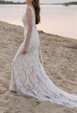 Elegant Mermaid Lace Straps Backless Wedding Dresses, Sweep Train Beach Bride Dresses