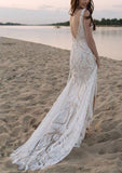 Elegant Mermaid Lace Straps Backless Wedding Dresses, Sweep Train Beach Bride Dresses Rjerdress