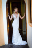 Elegant Mermaid Lace V-neck Court Train Ivory Sleeveless Beach Wedding Dresses UK Rjerdress