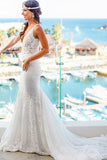 Elegant Mermaid Lace V-neck Court Train Ivory Sleeveless Beach Wedding Dresses UK Rjerdress