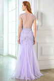 Elegant Mermaid Lavender Scoop Cap Sleeve Beads Tulle Yarn Floor-Length Prom Dresses RJS220 Rjerdress