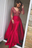Elegant Mermaid Long Red Long Sleeve Beading V Neck Lace Satin Backless Prom Dresses rjs851