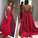 Elegant Mermaid Long Red Long Sleeve Beading V Neck Lace Satin Backless Prom Dresses rjs851 Rjerdress