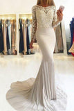 Elegant Mermaid Long Sleeve Scoop Lace Prom Dresses Long Evening Dresses rjs746
