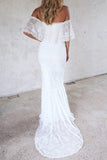 Elegant Mermaid Off the Shoulder Half Sleeve White Lace Beach Wedding Dresses,Long Bride Gowns Rjerdress