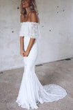 Elegant Mermaid Off the Shoulder Half Sleeve White Lace Beach Wedding Dresses,Long Bride Gowns Rjerdress