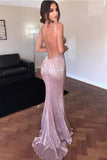 Elegant Mermaid Pink Simple Sexy Spaghetti Straps Sequin V Neck Backless Prom Dresses RJS611