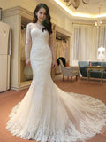 Elegant Mermaid Scoop Neck Tulle Beads Lace Appliques Chapel Train Long Sleeve Wedding Dress RrRRRJS739