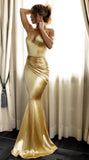 Elegant Mermaid Short Train Spaghetti Straps Long Sexy Gold V Neck Prom Dresses RJS635 Rjerdress