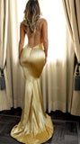 Elegant Mermaid Short Train Spaghetti Straps Long Sexy Gold V Neck Prom Dresses RJS635 Rjerdress