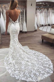 Elegant Mermaid Spaghetti Straps Lace V Neck Wedding Dresses Backless Bride Gowns Rjerdress