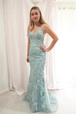 Elegant Mermaid Spaghetti Straps Long Lace Prom Dresses, Criss-Cross Straps Evening Dress