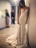 Elegant Mermaid Sweetheart Lace Court Train Wedding Dress with Spaghetti Straps Rjerdress
