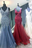 Elegant Mermaid V Neck Straps Tulle Long Prom Dresses Cheap Evening Dresses P1144 Rjerdress